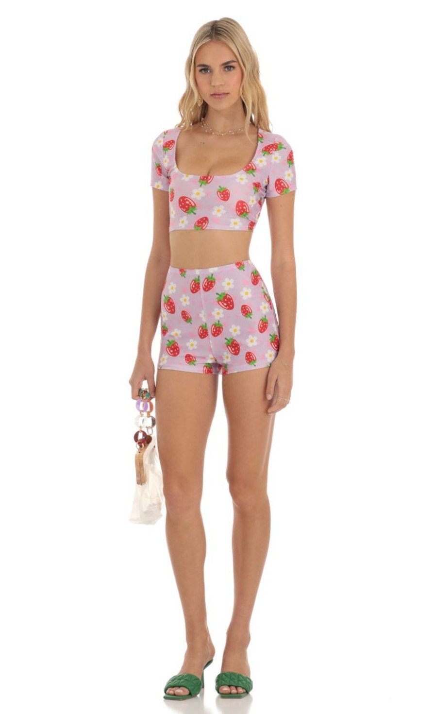 Clothing LUCY IN THE SKY | Zell Strawberry Floral Two Piece Short Set In Purple | Lucy In The Sky