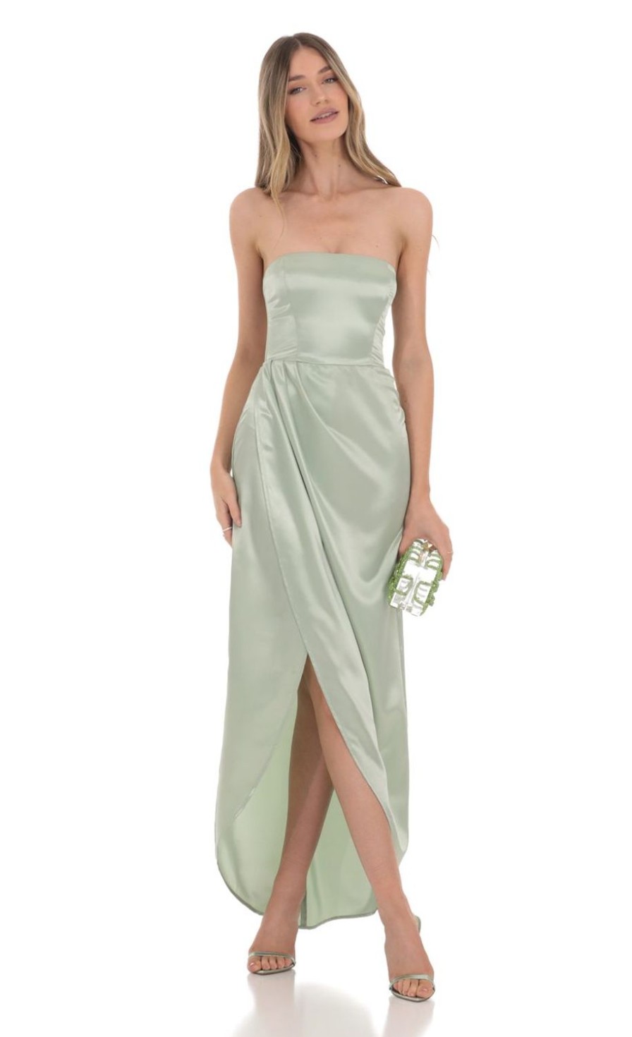 Clothing LUCY IN THE SKY | Satin Strapless Corset Maxi Dress In Sage Green | Lucy In The Sky