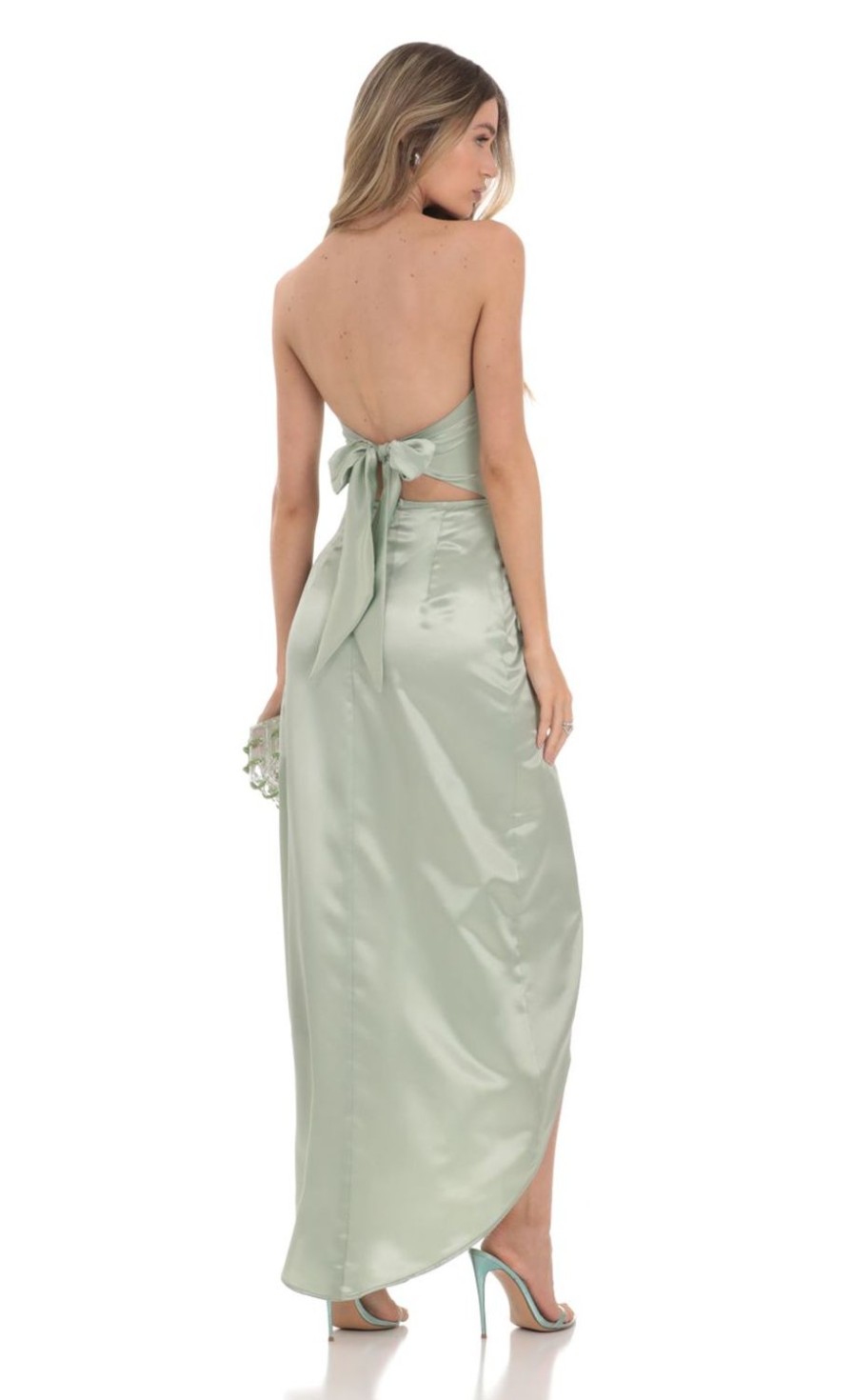 Clothing LUCY IN THE SKY | Satin Strapless Corset Maxi Dress In Sage Green | Lucy In The Sky