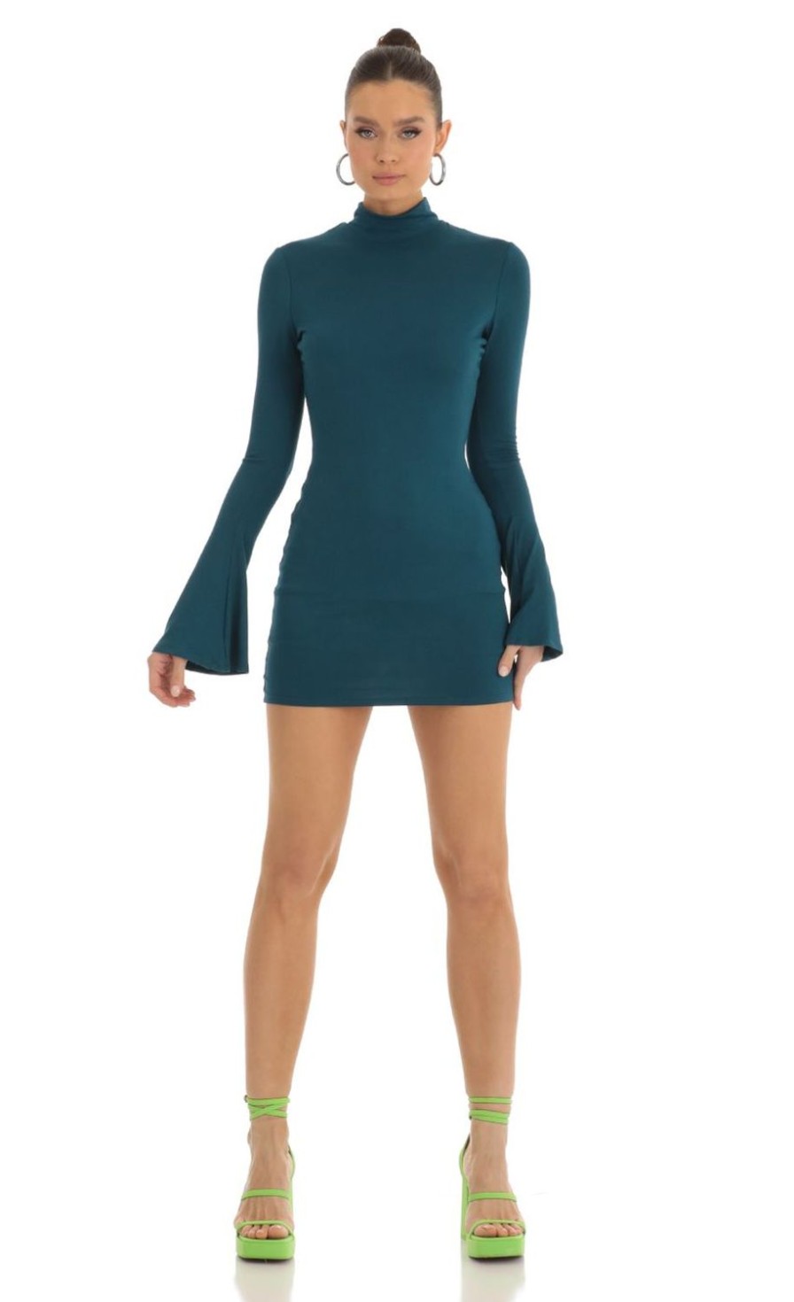 Clothing LUCY IN THE SKY | Trixie Long Sleeve Mock Neck Dress In Turquoise | Lucy In The Sky