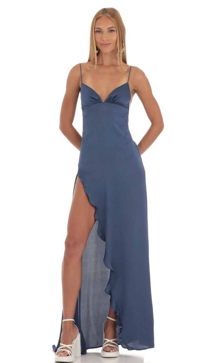 Clothing LUCY IN THE SKY | Siobhan Satin Ruffle Maxi Dress In Blue | Lucy In The Sky