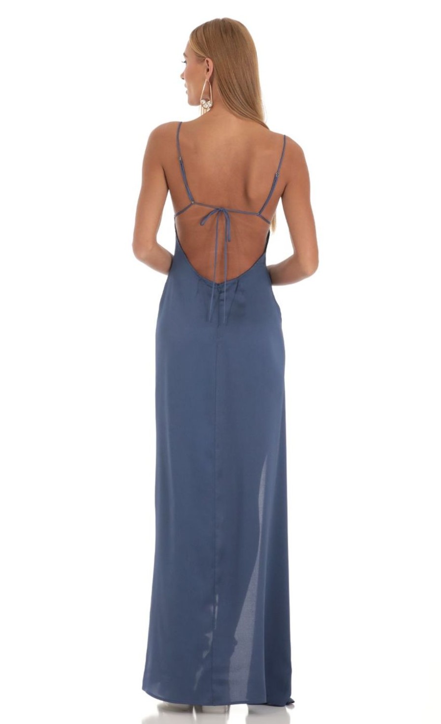 Clothing LUCY IN THE SKY | Siobhan Satin Ruffle Maxi Dress In Blue | Lucy In The Sky