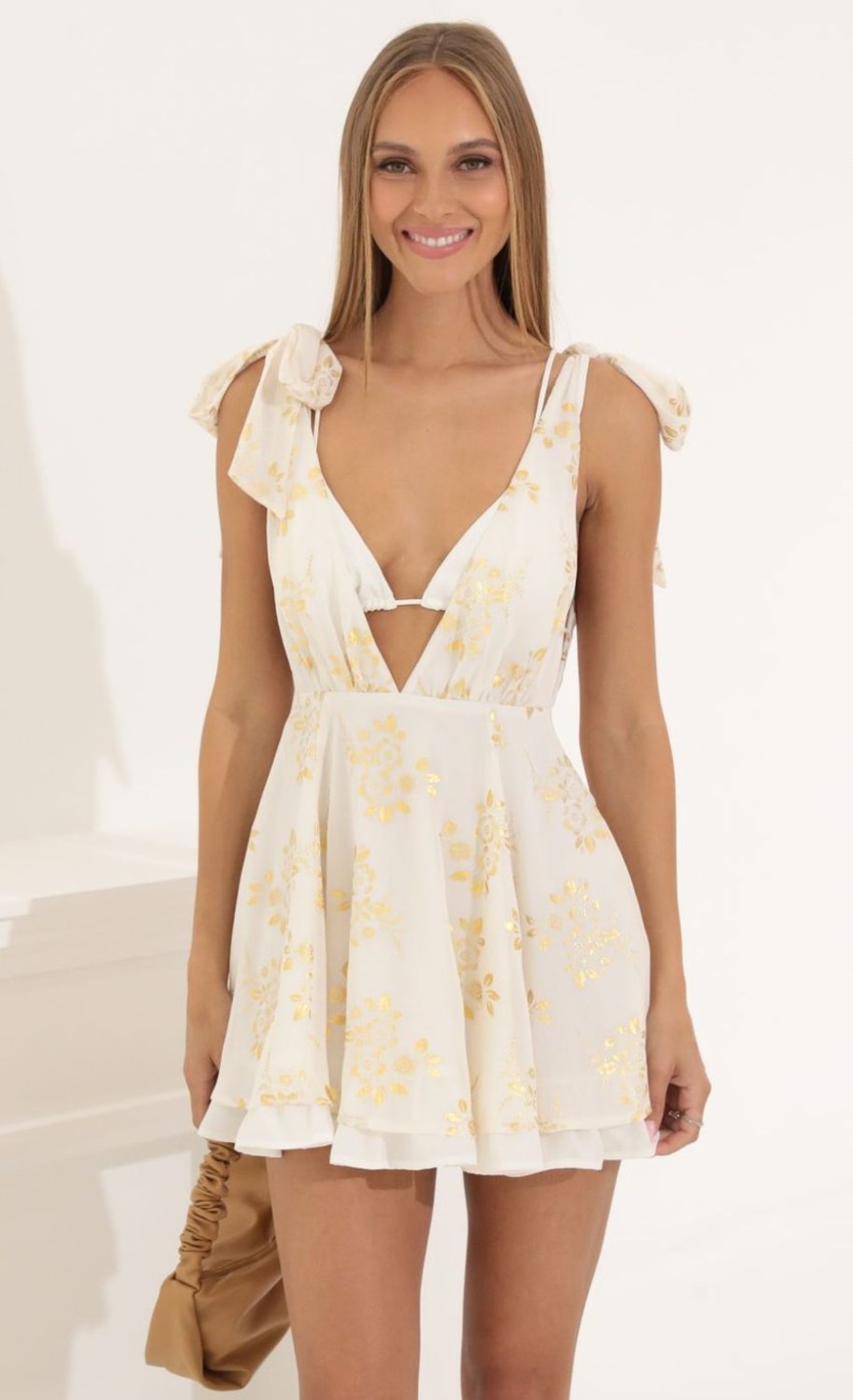 Clothing LUCY IN THE SKY | Lilo Chiffon Fit And Flare Dress In Gold Foil | Lucy In The Sky