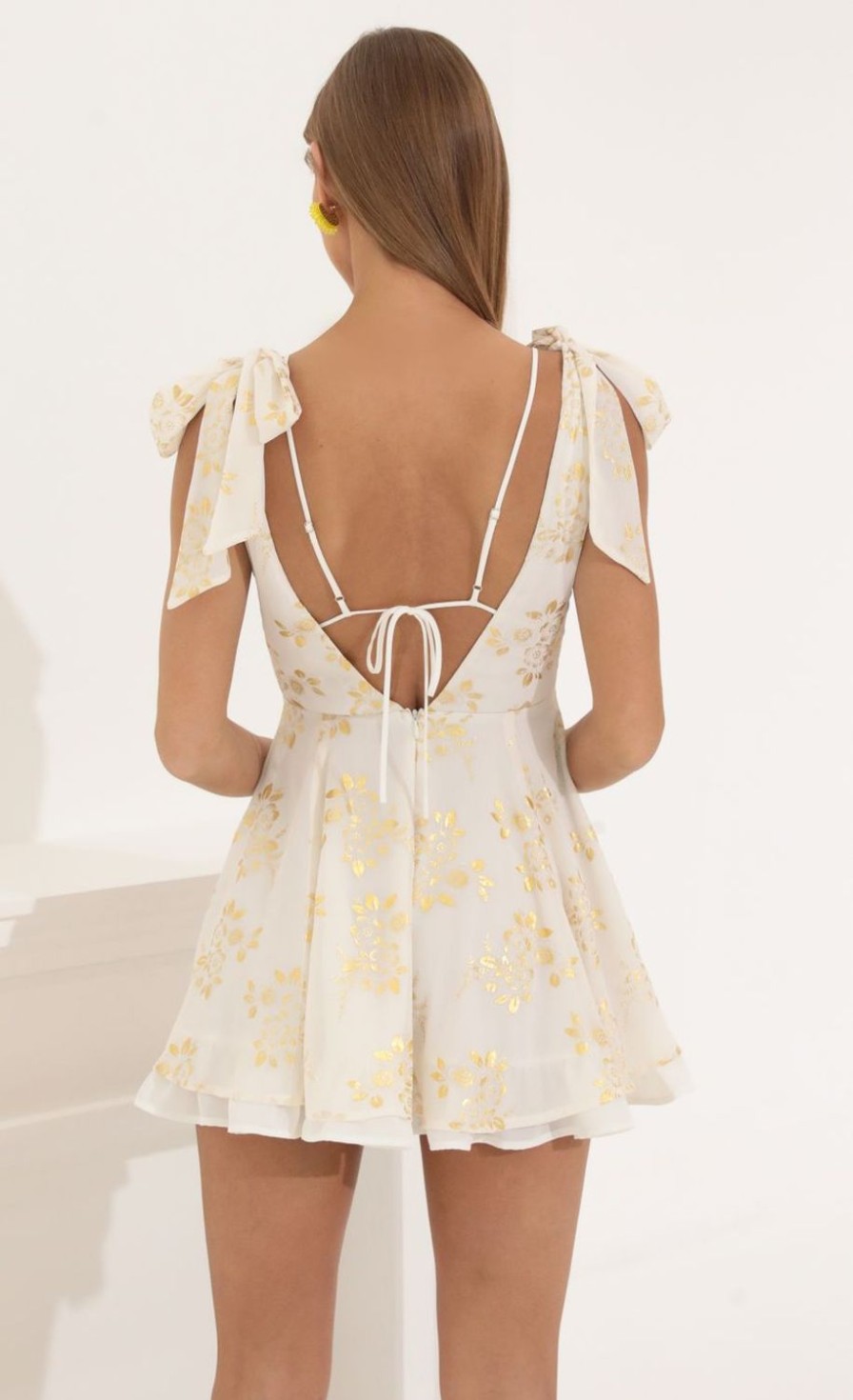 Clothing LUCY IN THE SKY | Lilo Chiffon Fit And Flare Dress In Gold Foil | Lucy In The Sky