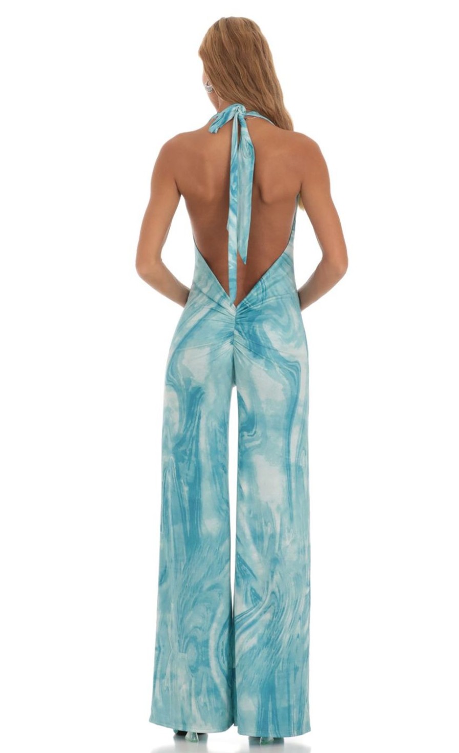 Clothing LUCY IN THE SKY | Cath Drape Open Back Jumpsuit In Blue Swirl | Lucy In The Sky