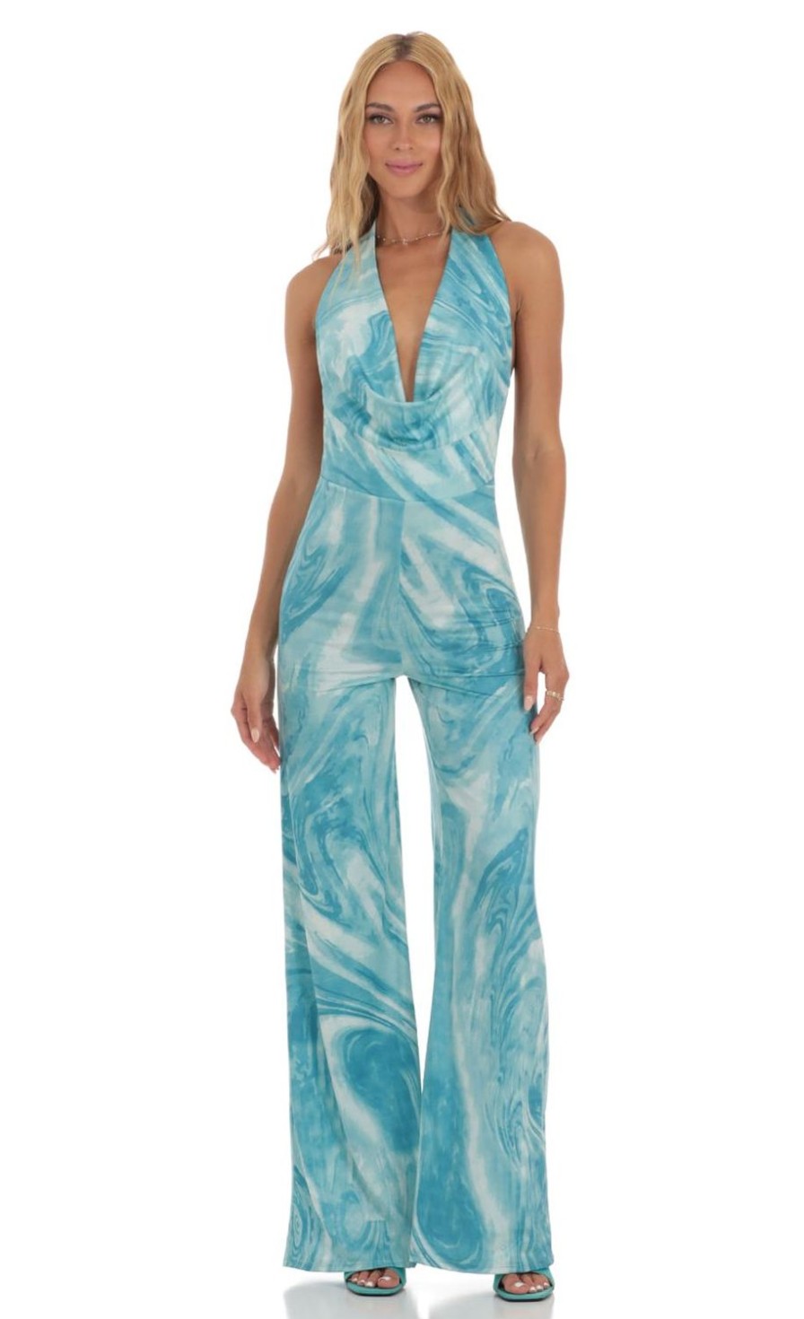 Clothing LUCY IN THE SKY | Cath Drape Open Back Jumpsuit In Blue Swirl | Lucy In The Sky