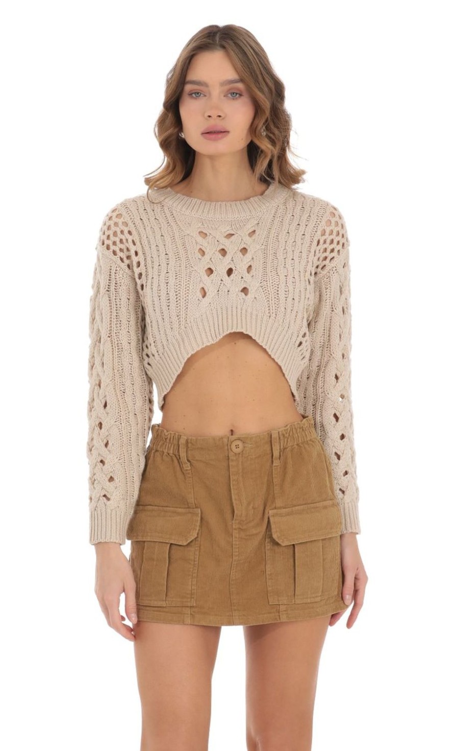 Clothing LUCY IN THE SKY | Open Knit Cropped Jumper In Beige | Lucy In The Sky