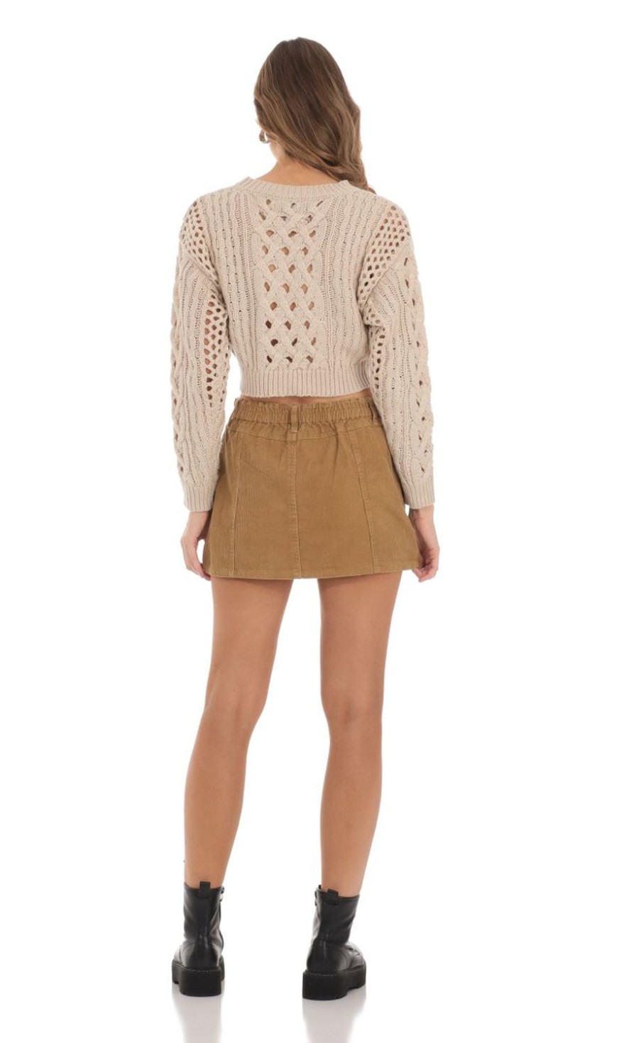 Clothing LUCY IN THE SKY | Open Knit Cropped Jumper In Beige | Lucy In The Sky