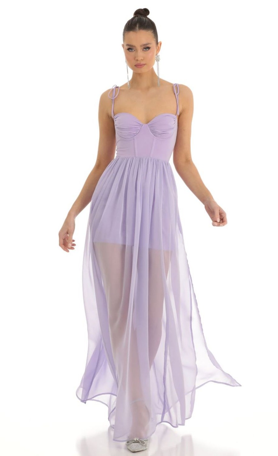 Clothing LUCY IN THE SKY | Alida Chiffon Illusion Corset Maxi Dress In Lilac | Lucy In The Sky