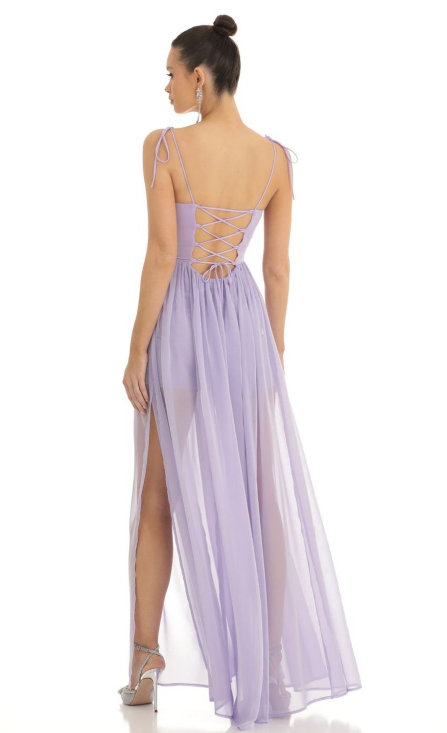 Clothing LUCY IN THE SKY | Alida Chiffon Illusion Corset Maxi Dress In Lilac | Lucy In The Sky