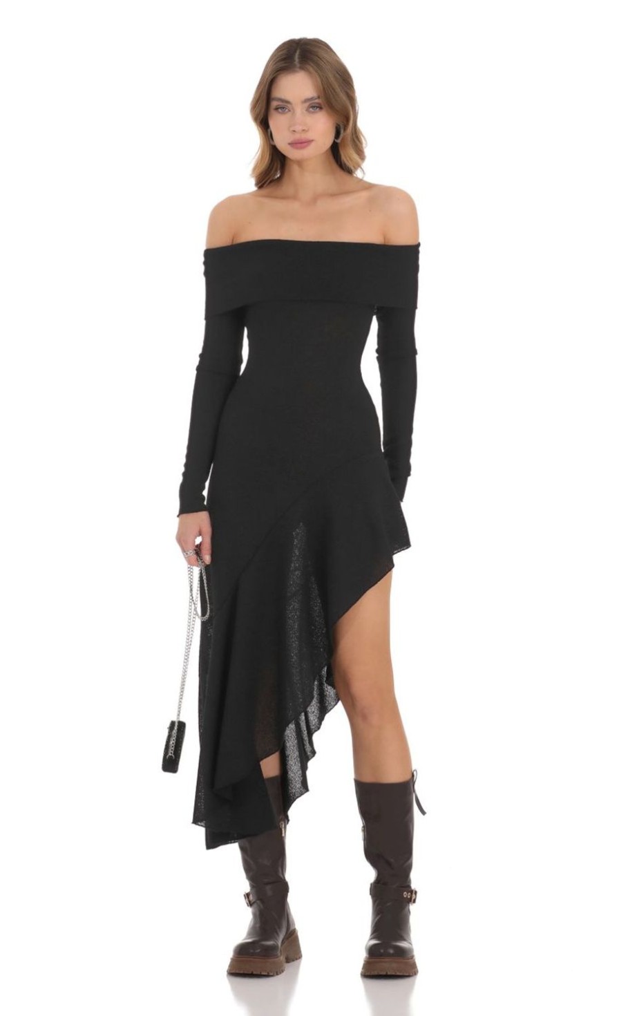 Clothing LUCY IN THE SKY | Knitted Off Shoulder Dress In Black | Lucy In The Sky