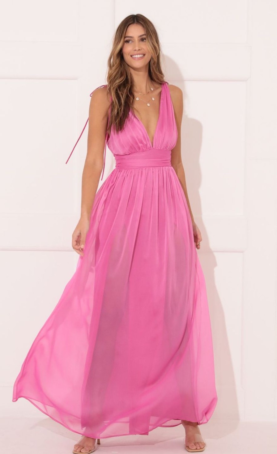 Clothing LUCY IN THE SKY | Leeza Chiffon Maxi Dress In Pink | Lucy In The Sky