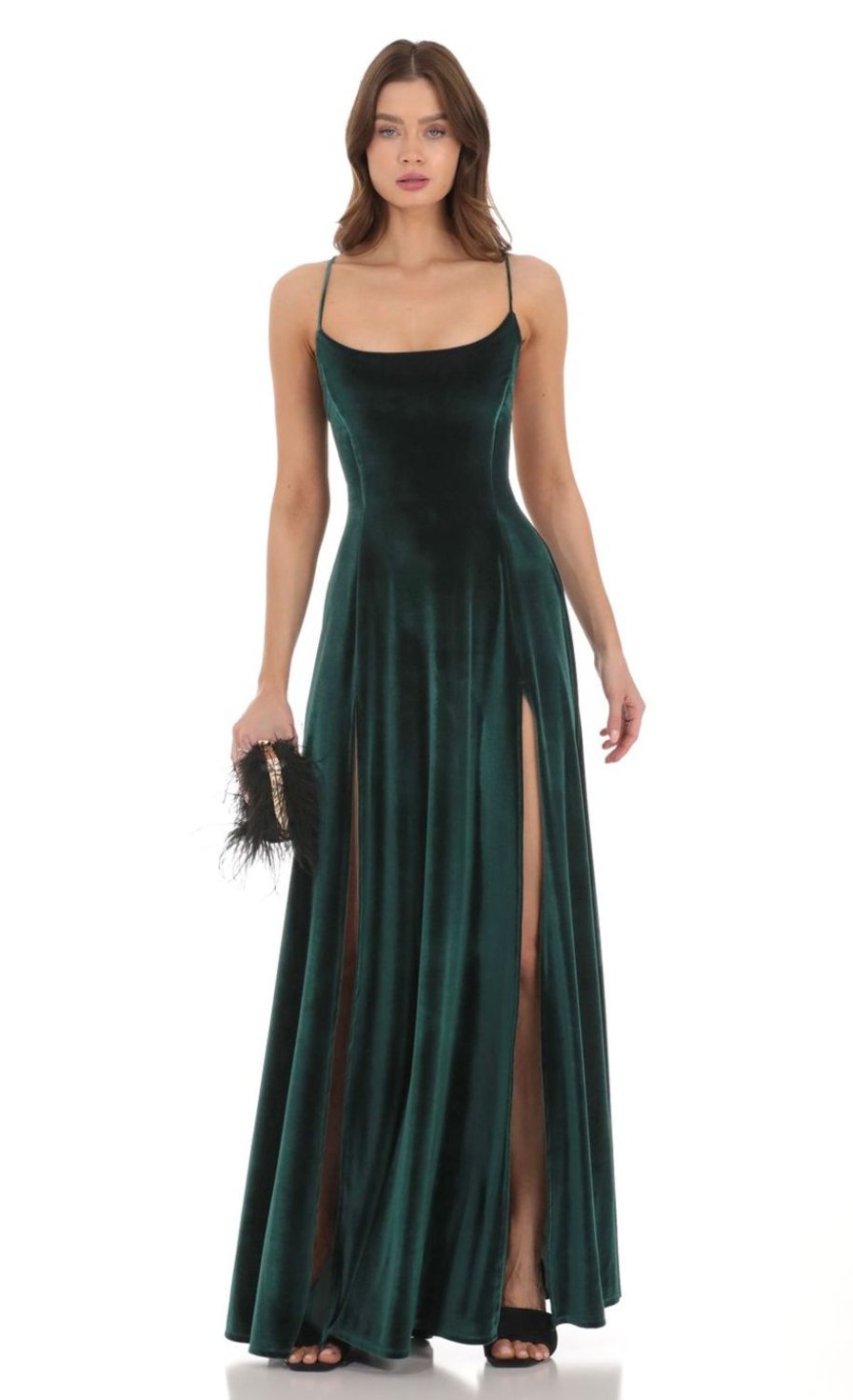 Clothing LUCY IN THE SKY | Velvet Double Slit Maxi Dress In Green | Lucy In The Sky