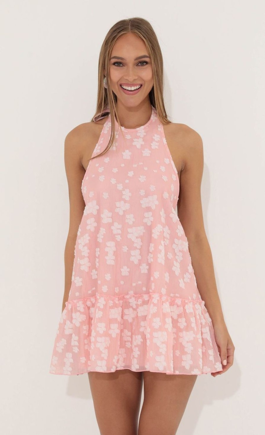 Clothing LUCY IN THE SKY | Tamera Floral Halter Neck Dress In Pink | Lucy In The Sky