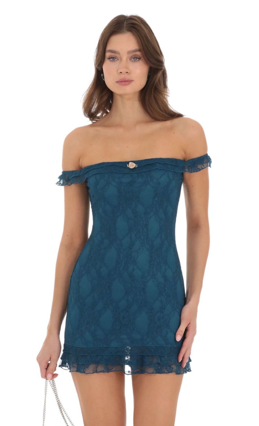 Clothing LUCY IN THE SKY | Off Shoulder Lace Bodycon Dress In Blue | Lucy In The Sky