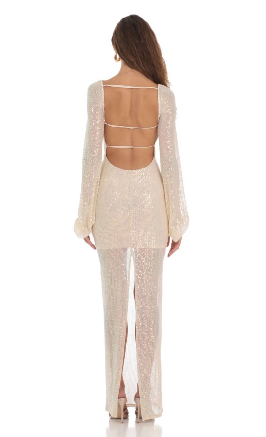 Clothing LUCY IN THE SKY | Tiarra Iridescent Sequin Long Sleeve Dress In Champagne | Lucy In The Sky