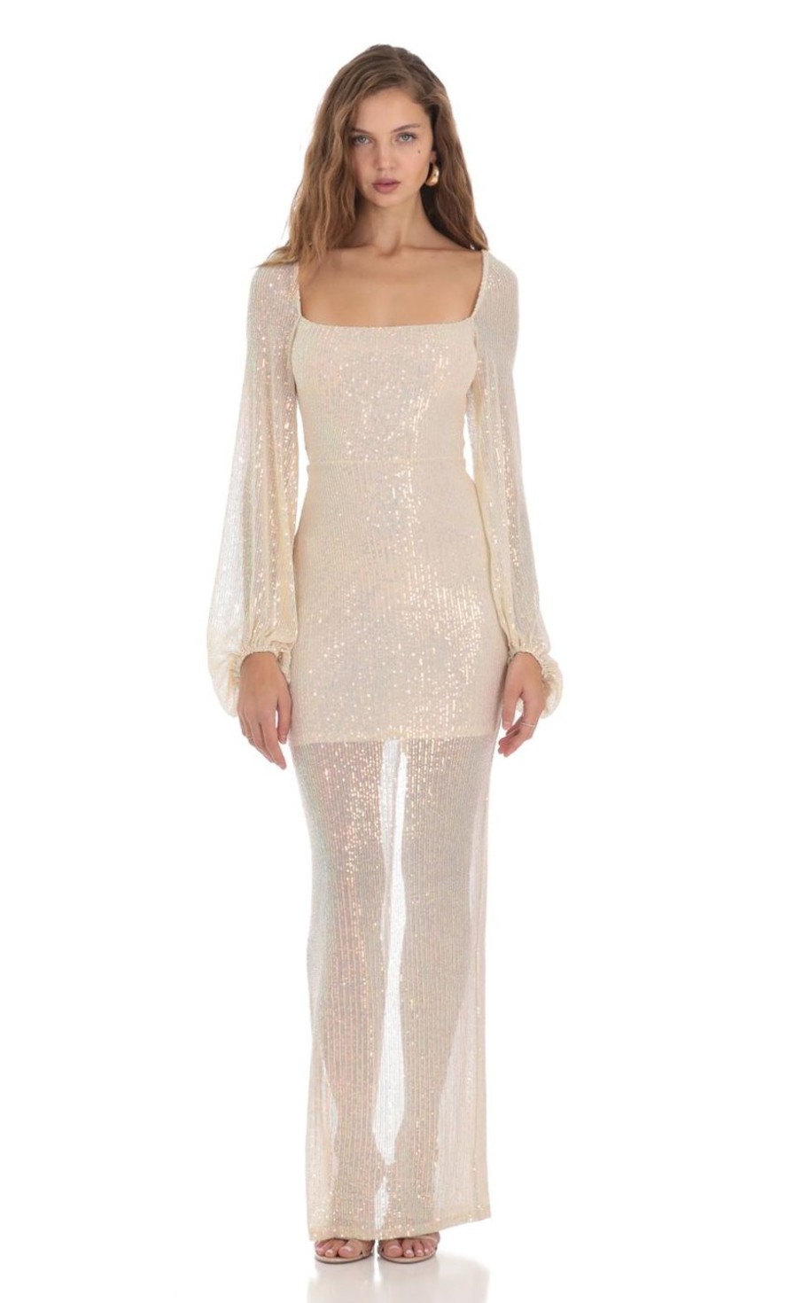 Clothing LUCY IN THE SKY | Tiarra Iridescent Sequin Long Sleeve Dress In Champagne | Lucy In The Sky