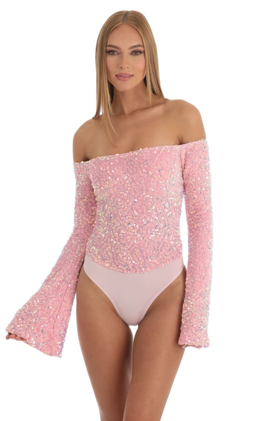 Clothing LUCY IN THE SKY | Velvet Sequin Bodysuit In Pink | Lucy In The Sky