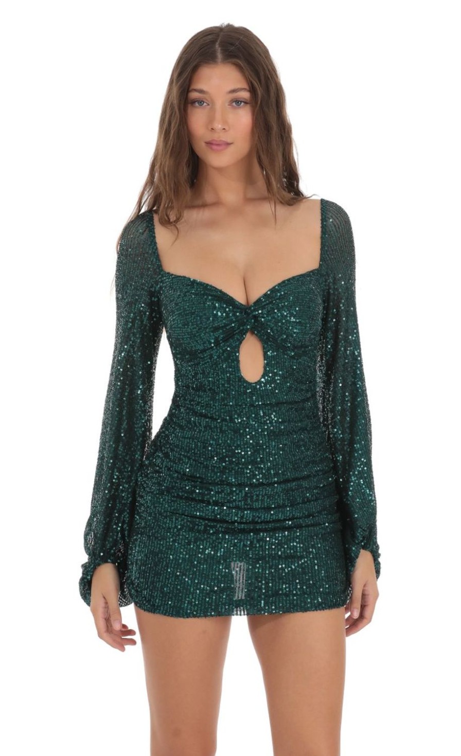 Clothing LUCY IN THE SKY | Sequin Cutout Ruched Dress In Green | Lucy In The Sky