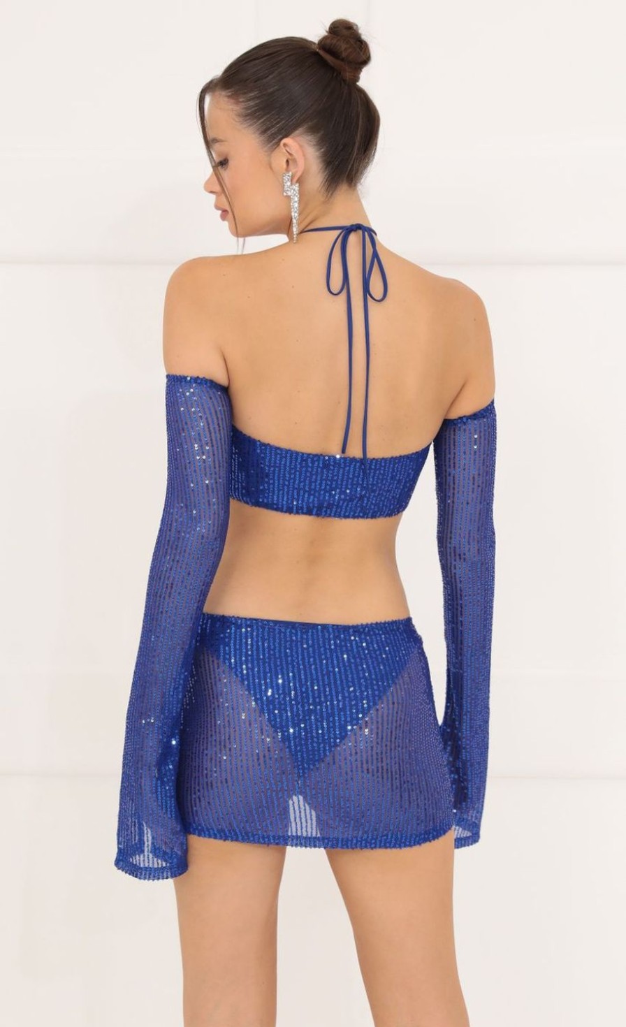 Clothing LUCY IN THE SKY | Eilish Mesh Sequin Three Piece Set In Blue | Lucy In The Sky