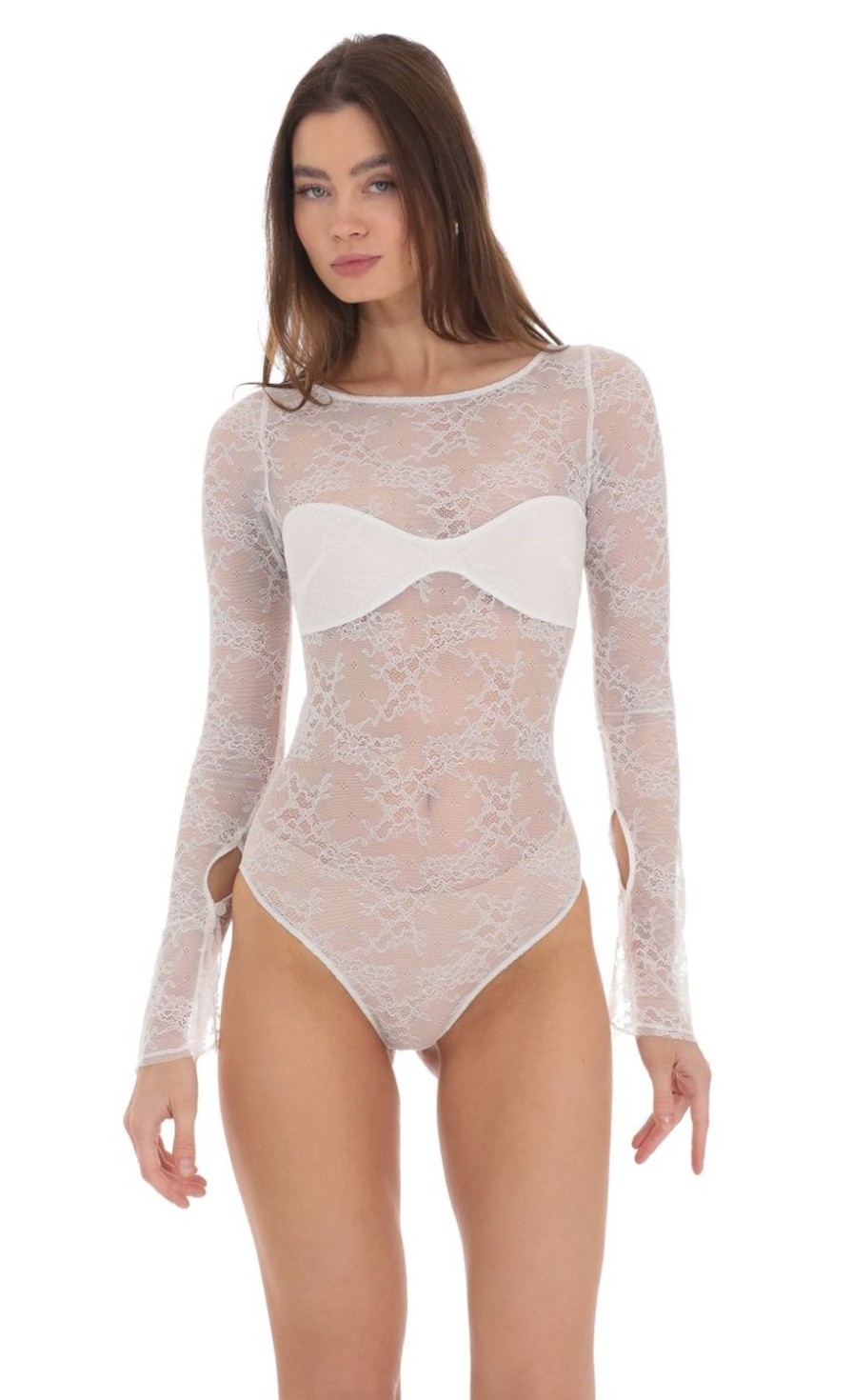 Clothing LUCY IN THE SKY | Long Sleeve Lace Bodysuit In White | Lucy In The Sky