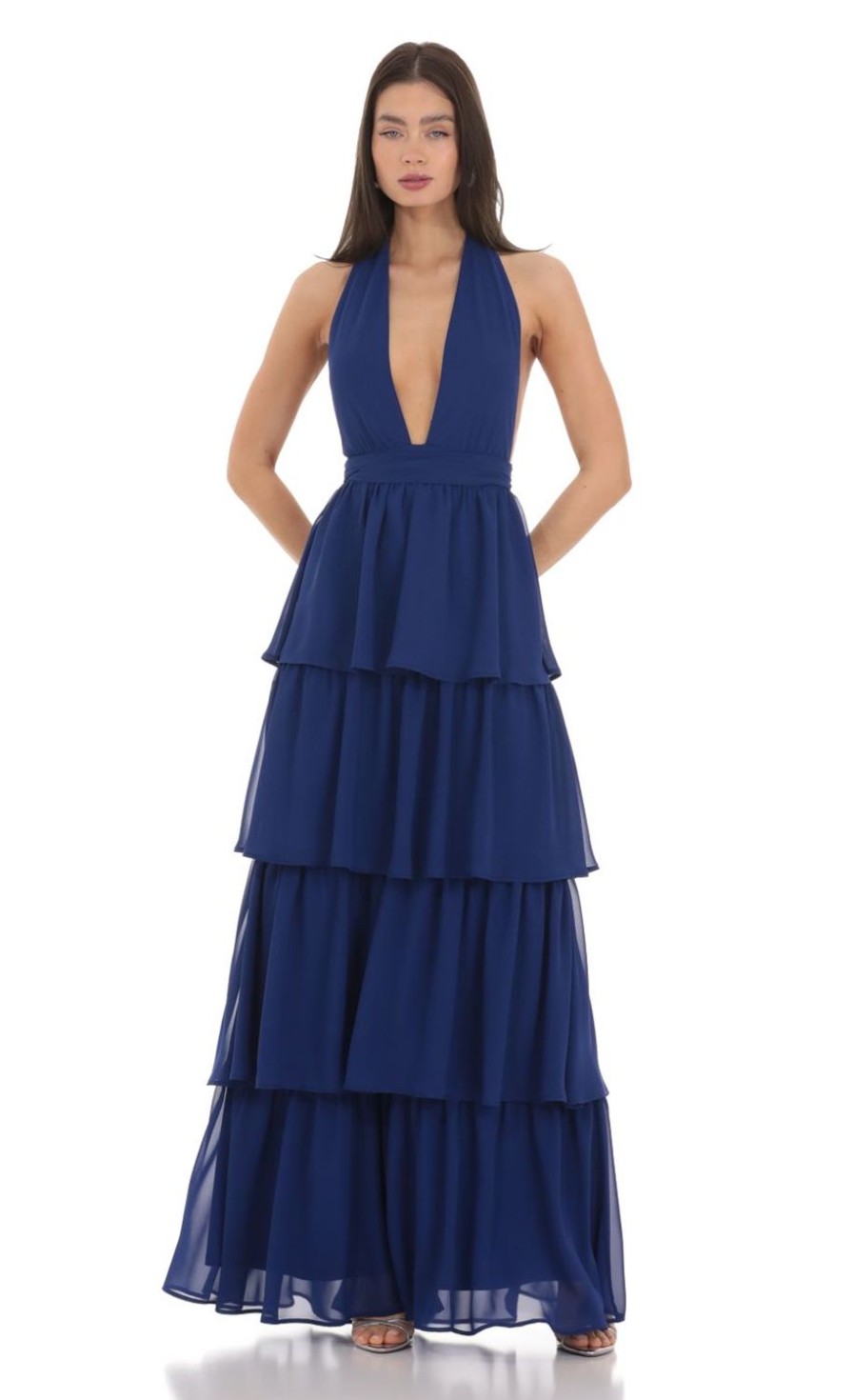 Clothing LUCY IN THE SKY | Chiffon Plunge Ruffle Dress In Blue | Lucy In The Sky