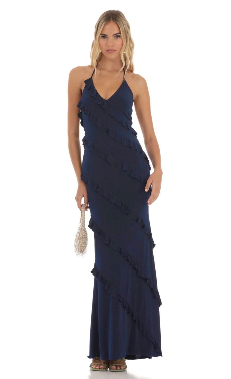 Clothing LUCY IN THE SKY | Daffodil Ruffle Halter Maxi Dress In Navy | Lucy In The Sky