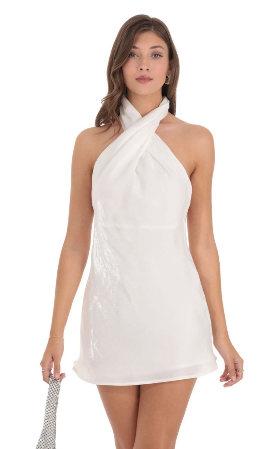 Clothing LUCY IN THE SKY | Twist Halter Open Back Dress In White | Lucy In The Sky