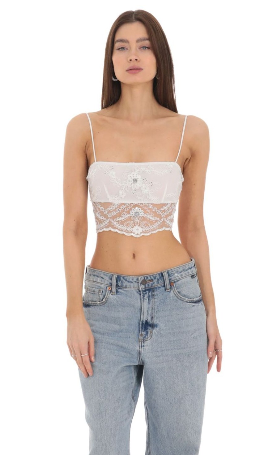 Clothing LUCY IN THE SKY | Sequin Lace Crop Top In White | Lucy In The Sky