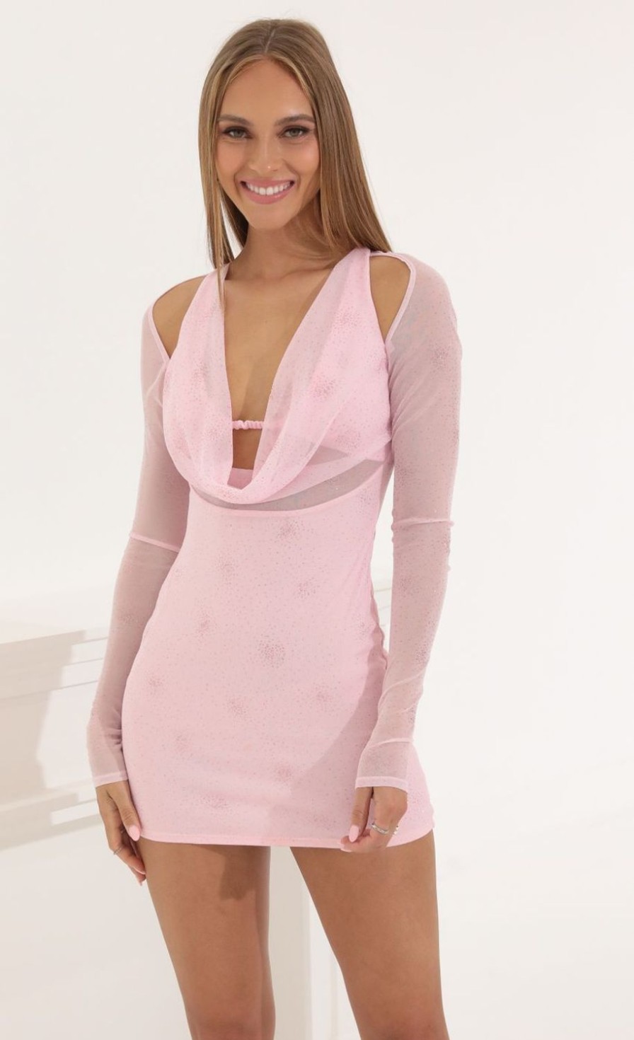 Clothing LUCY IN THE SKY | Tavia Mesh Cowl Neck Dress In Pink Glitter | Lucy In The Sky