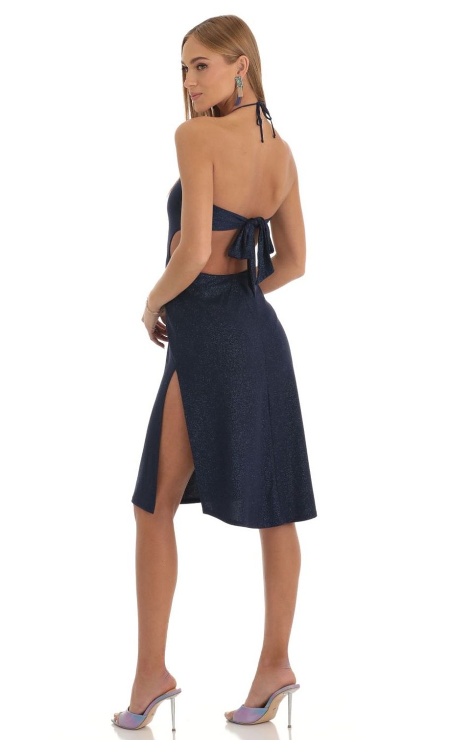 Clothing LUCY IN THE SKY | Elora Shimmer Cutout Midi Dress In Blue | Lucy In The Sky