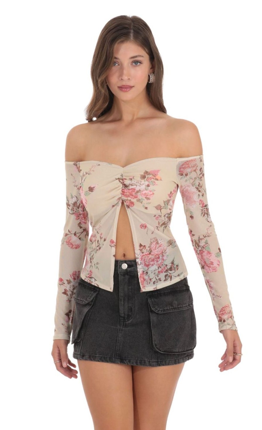 Clothing LUCY IN THE SKY | Floral Off Shoulder Top In Cream | Lucy In The Sky