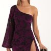 Clothing LUCY IN THE SKY | Keyla Floral Velvet One Shoulder Dress In Purple | Lucy In The Sky