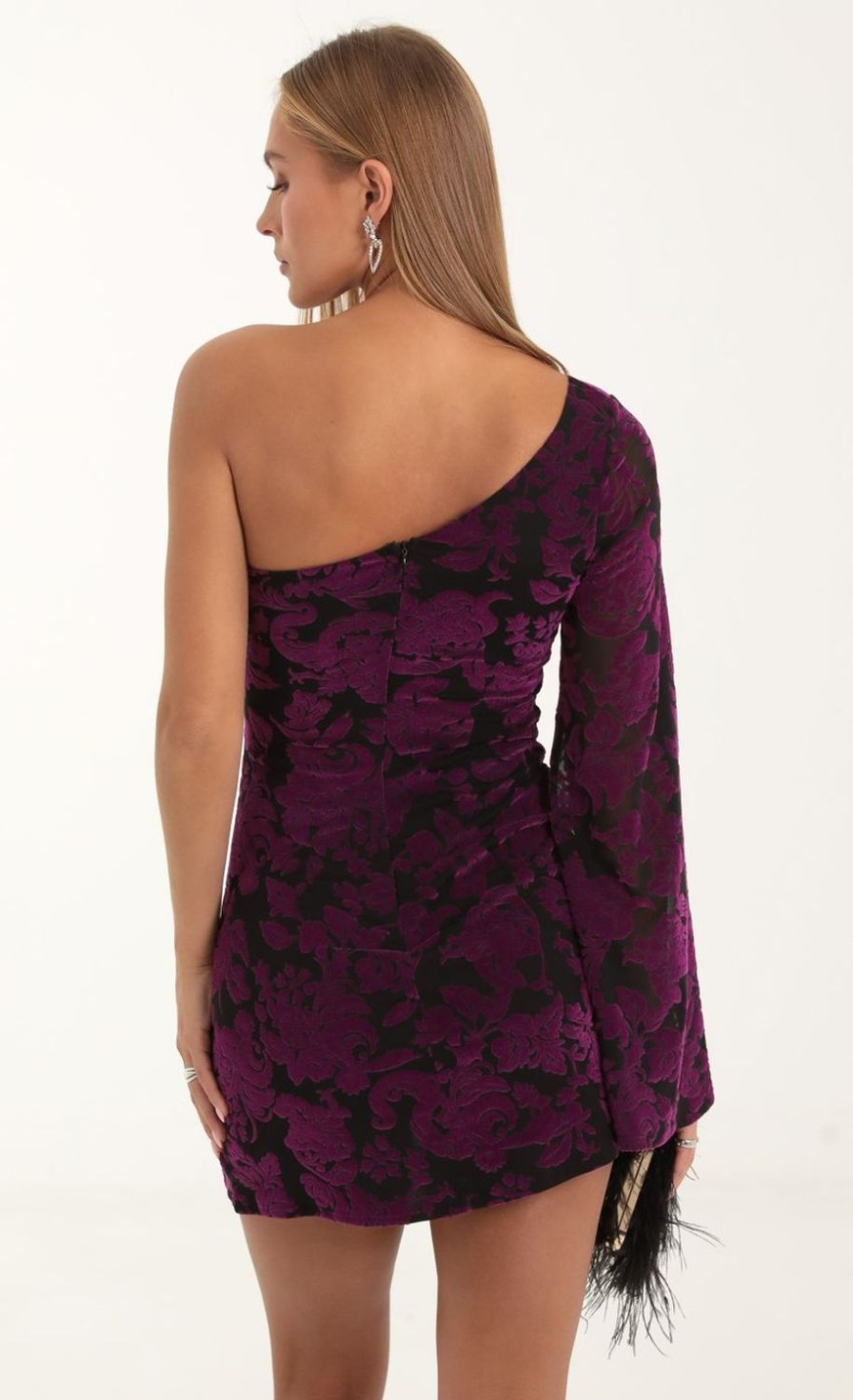 Clothing LUCY IN THE SKY | Keyla Floral Velvet One Shoulder Dress In Purple | Lucy In The Sky