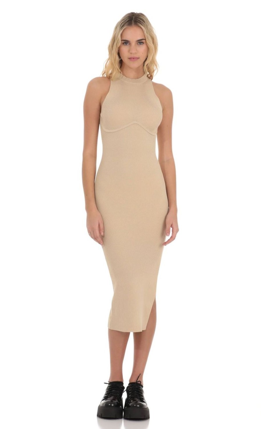 Clothing LUCY IN THE SKY | Ribbed Mock Neck Midi Dress In Beige | Lucy In The Sky