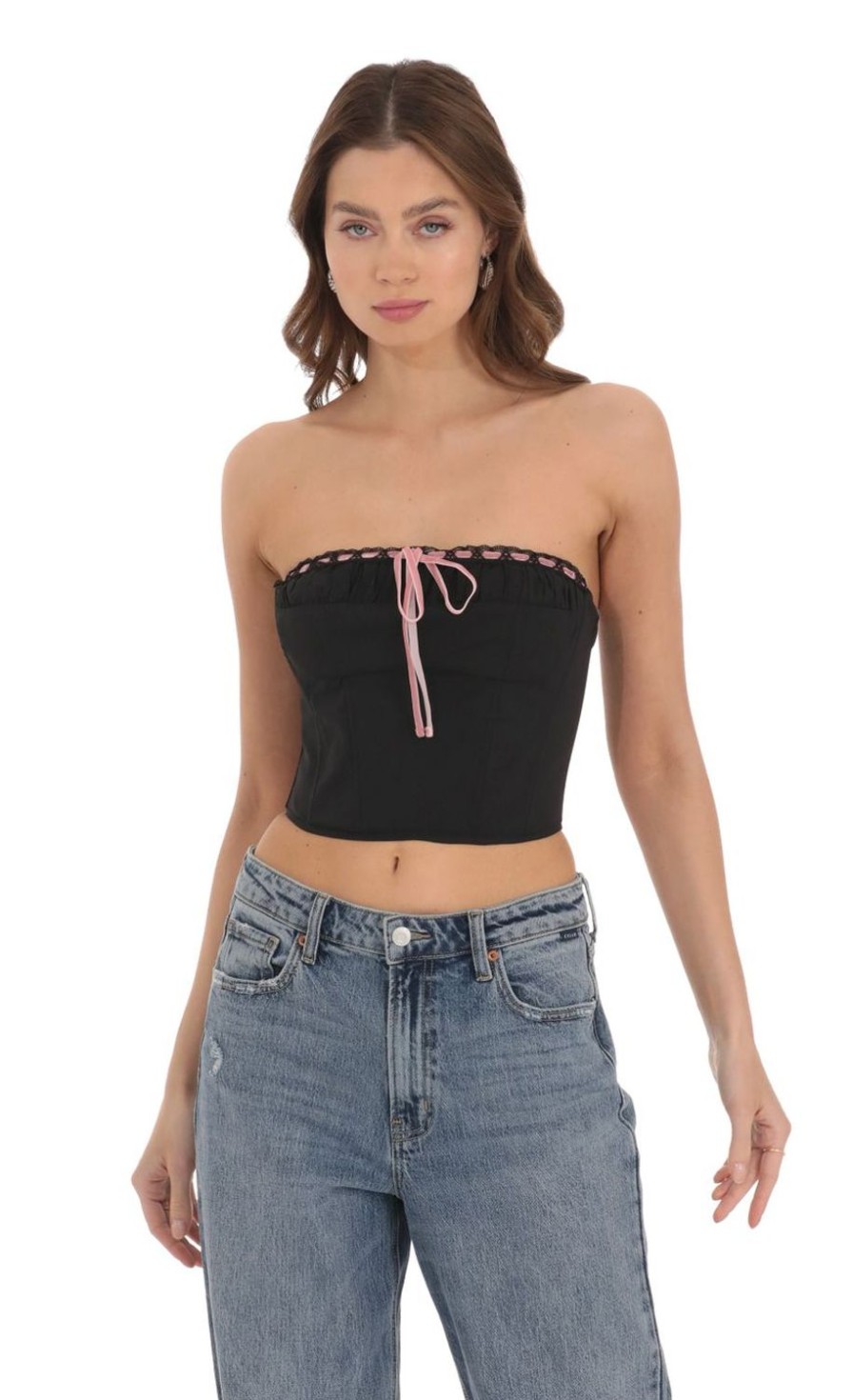 Clothing LUCY IN THE SKY | Velvet Ribbon Strapless Corset Top In Black | Lucy In The Sky