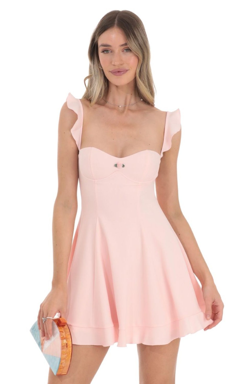 Clothing LUCY IN THE SKY | Ruffle Strap Fit And Flare Dress In Pink | Lucy In The Sky