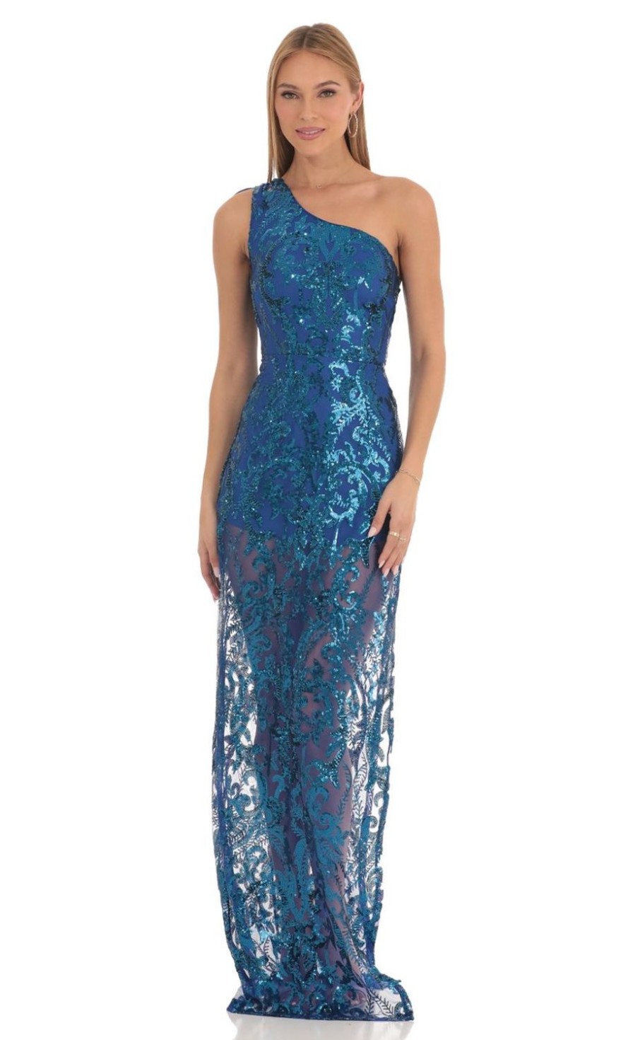 Clothing LUCY IN THE SKY | Chance Sequin One Shoulder Maxi Dress In Blue | Lucy In The Sky