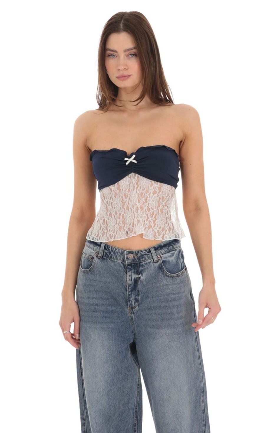 Clothing LUCY IN THE SKY | Strapless Lace Top In Navy | Lucy In The Sky