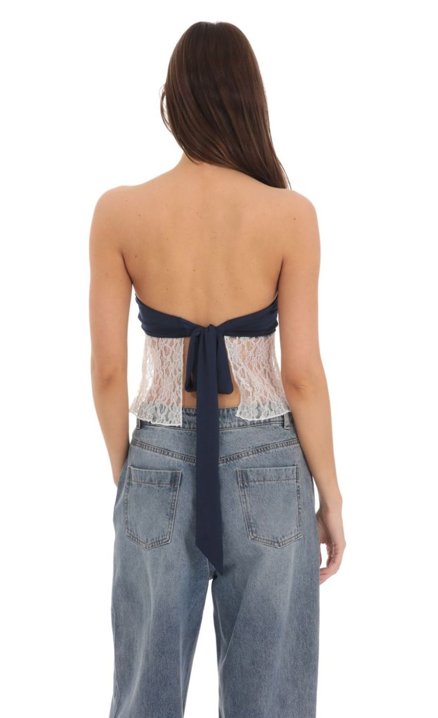 Clothing LUCY IN THE SKY | Strapless Lace Top In Navy | Lucy In The Sky