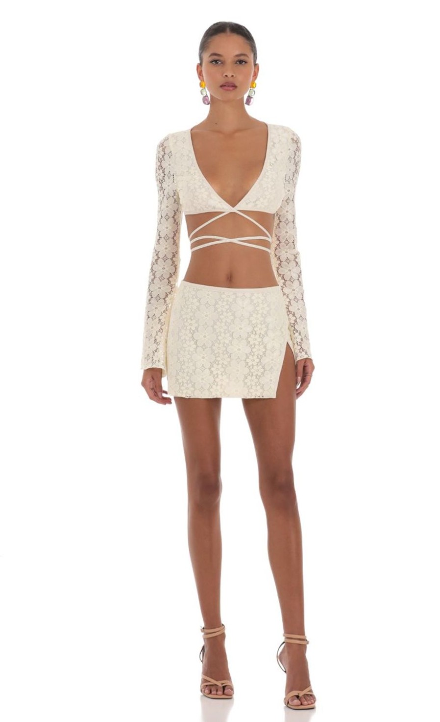 Clothing LUCY IN THE SKY | Vest Lace Two Piece Set In Cream | Lucy In The Sky