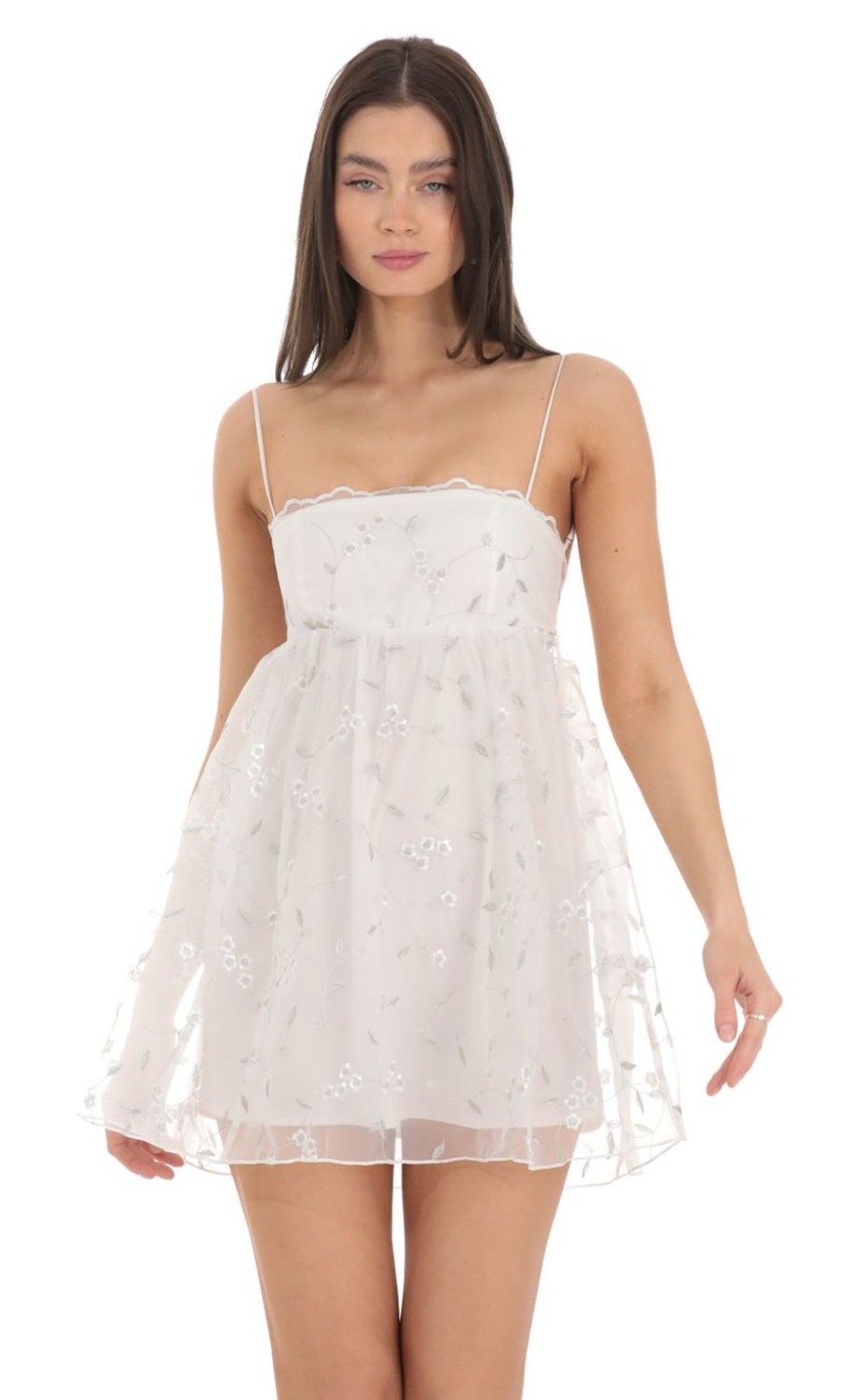 Clothing LUCY IN THE SKY | Floral Embroidered Babydoll Dress In White | Lucy In The Sky