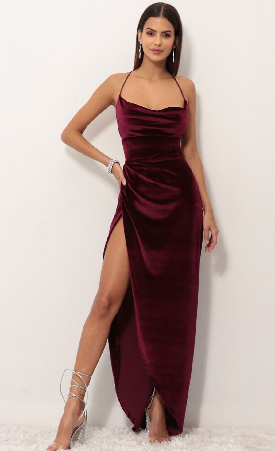 Clothing LUCY IN THE SKY | Lovely Velvet Luxe Maxi Dress In Wine | Lucy In The Sky