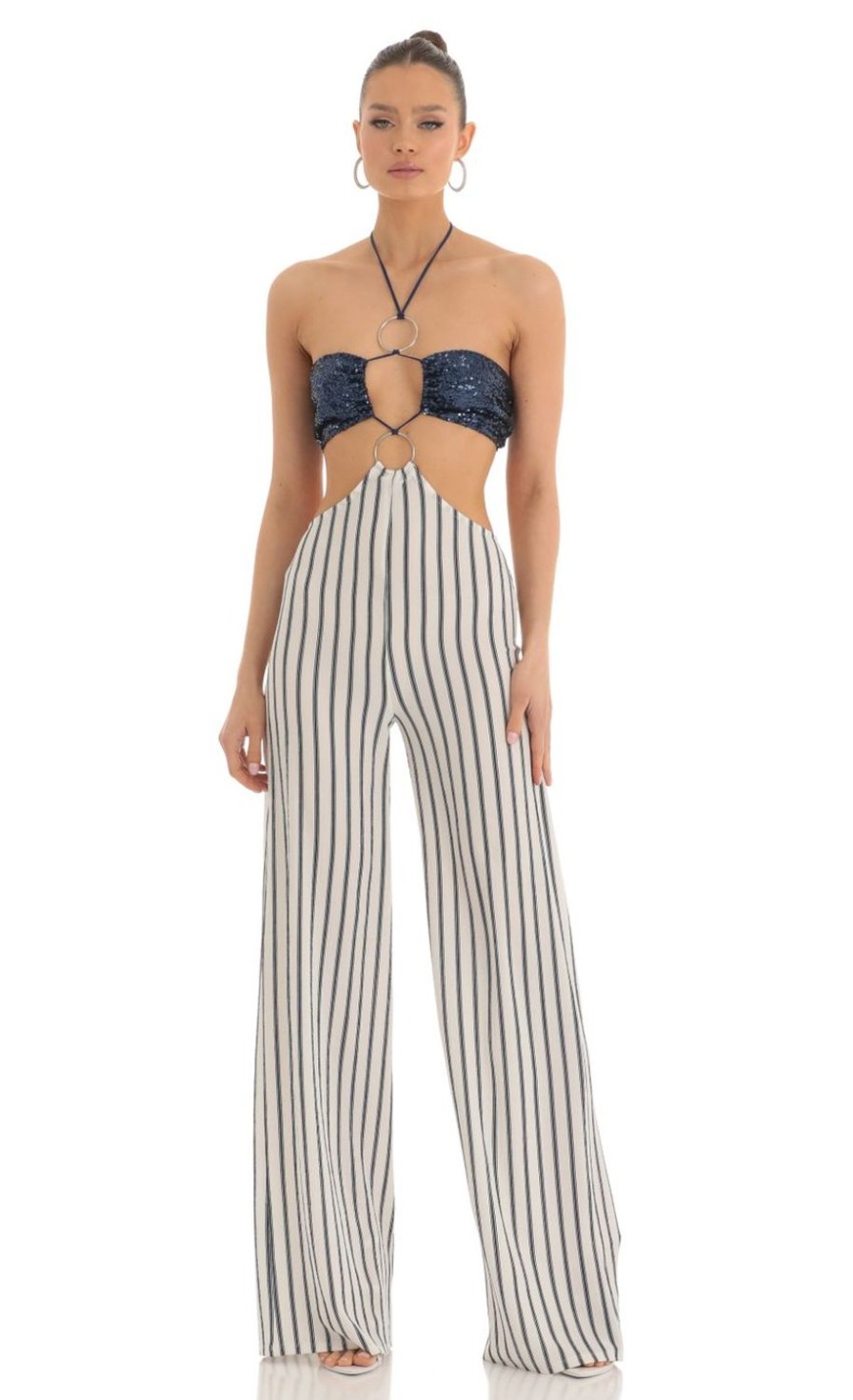 Clothing LUCY IN THE SKY | Renae Sequin Halter Striped Jumpsuit In White And Navy | Lucy In The Sky