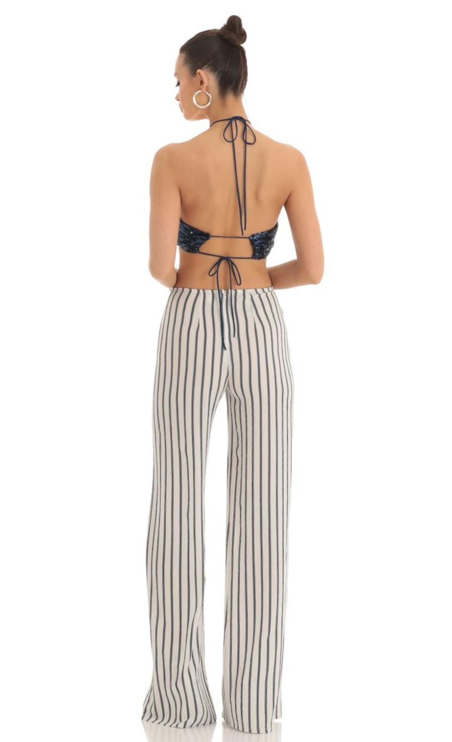 Clothing LUCY IN THE SKY | Renae Sequin Halter Striped Jumpsuit In White And Navy | Lucy In The Sky