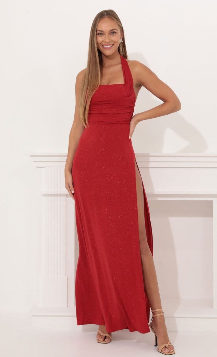 Clothing LUCY IN THE SKY | Celestina Maxi Dress In Red Shimmer | Lucy In The Sky