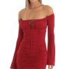 Clothing LUCY IN THE SKY | Camden Off The Shoulder Ruched Dress In Red | Lucy In The Sky