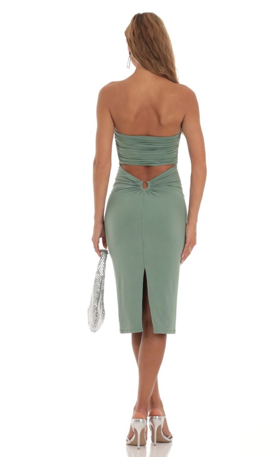 Clothing LUCY IN THE SKY | Hera Strapless Midi Dress In Green | Lucy In The Sky