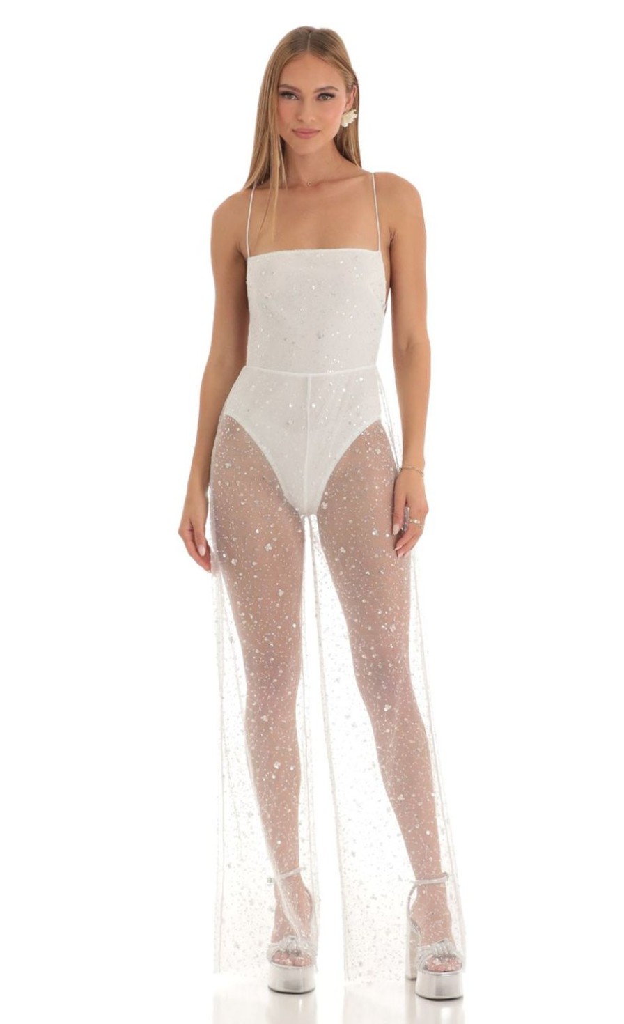 Clothing LUCY IN THE SKY | Ceres Sequin Wide Leg Jumpsuit In White | Lucy In The Sky