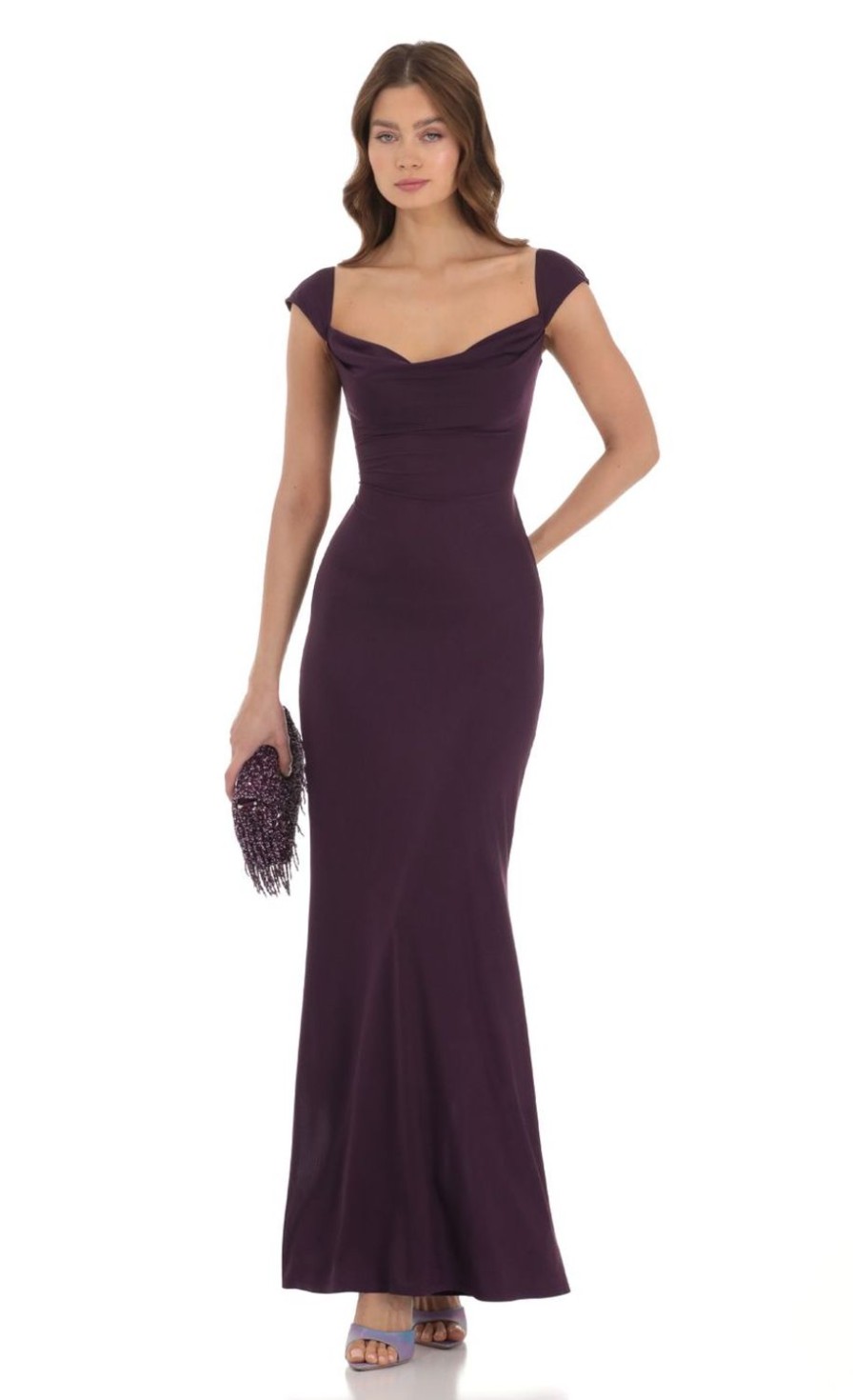 Clothing LUCY IN THE SKY | Strappy Cowl Neck Maxi Dress In Purple | Lucy In The Sky